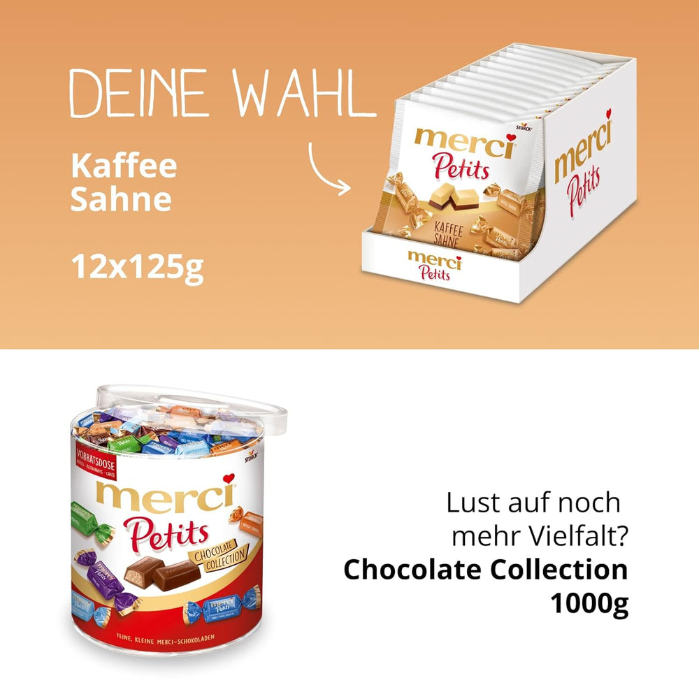 Cremă de cafea Merci Petits – 12 x 125 g – Praline mici de ciocolată albă pe ciocolată fină cu cremă de cafea – Praline de ciocolată ambalate individual