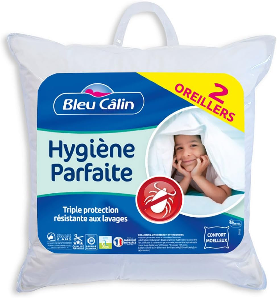 Bleu Câlin Set de 2 perne dreptunghiulare anti-acarieni, anti-bacterii, confort pufos, T 60X60 Cm, 100% bumbac, sortiment igienă perfectă Perne standard Naty Shop