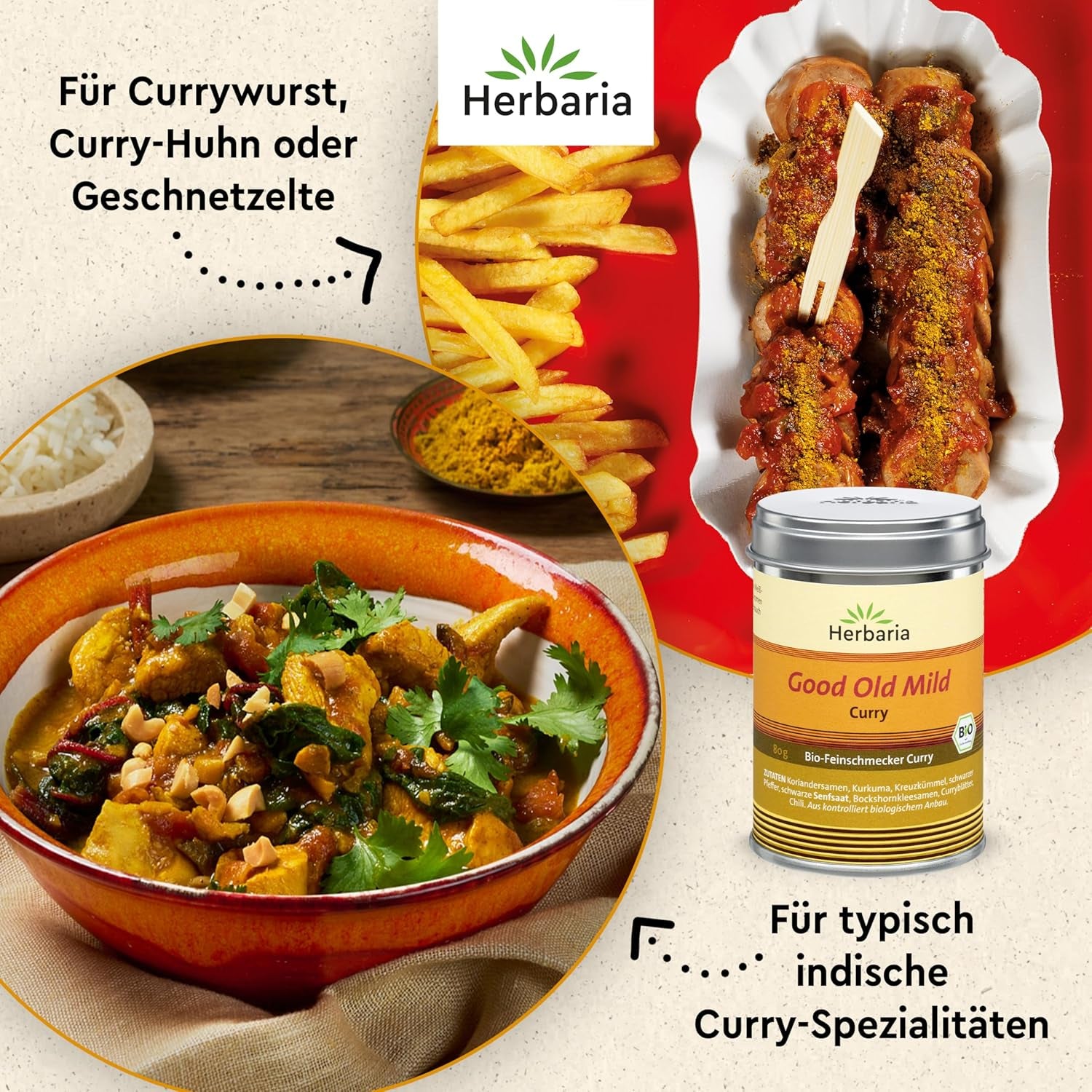 Herbaria Good Old Mild Curry bio 80g M-Dose – Currypulver, Currymischung - Bio-Gewürzmischung für klassische Curry-Spezialitäten z.B. Currywurst - erlesenen Zutaten in nachhaltiger Aromaschutz-Dose