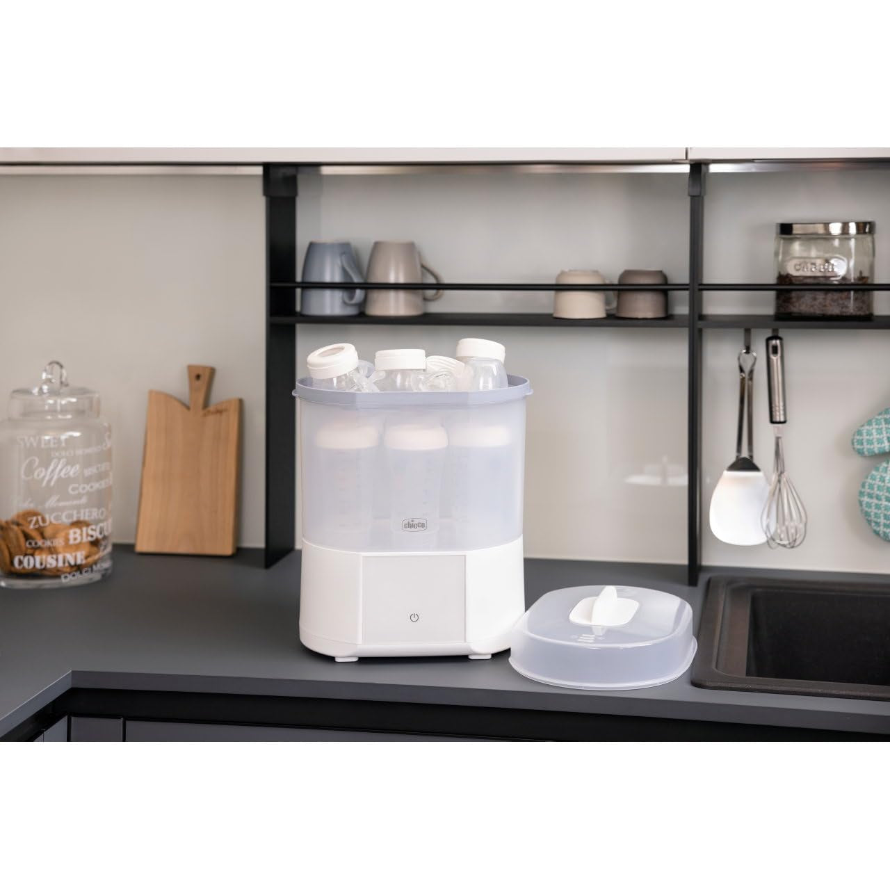 Sterilizator modular Chicco cu funcție de uscare, sterilizator pentru biberon, inel de dentiție și suzetă cu oprire automată, potrivit pentru cuptorul cu microunde, potrivit pentru sterilizarea a până la 6 biberoane de 330 ml