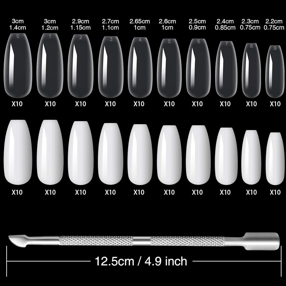 200 bucăți vârfuri de unghii false, 10 mărimi unghii artificiale acrilice cu împingător de cuticule și cutie transparentă pentru femei și fete (naturale și transparente)