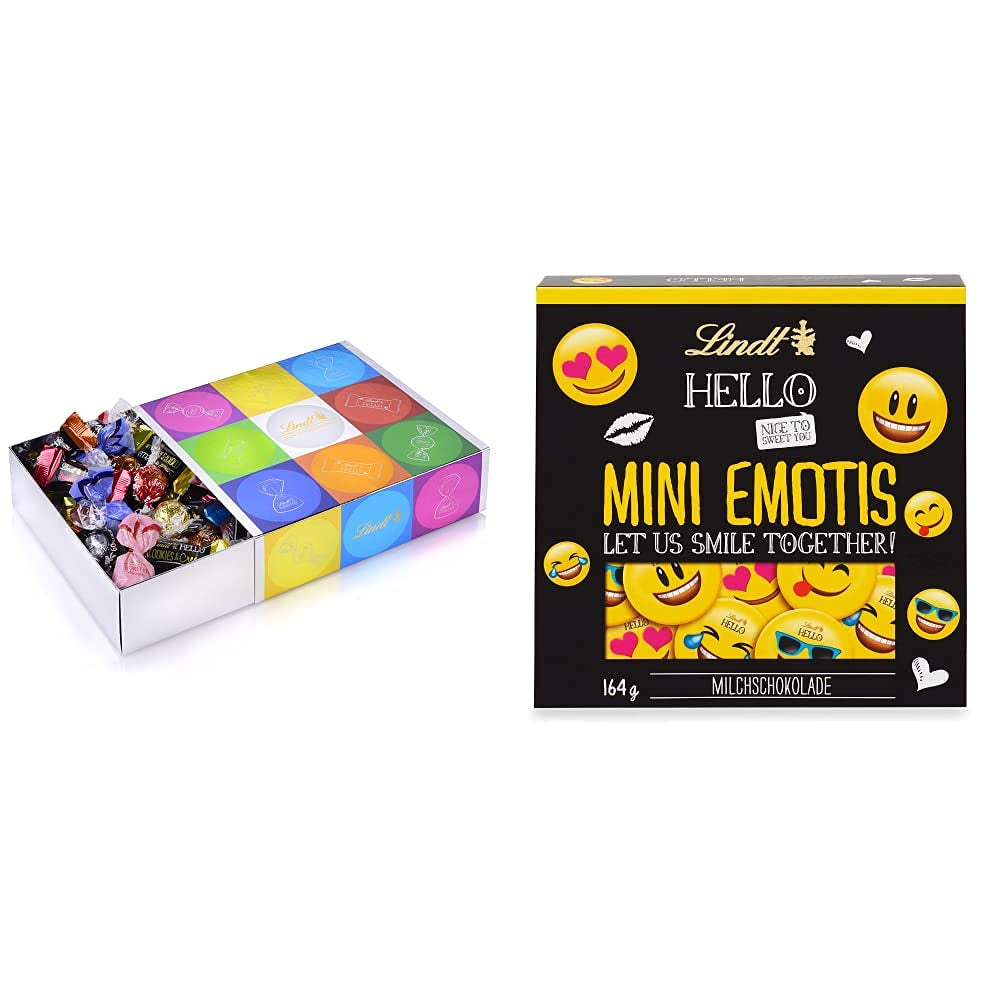Asortiment de ciocolată (37 bile LINDOR, 24 bețișoare Hello Mini, 10 Mini Fioretto), cadou de ciocolată (1 x 815 g) și HELLO Mini Emoti, ciocolată cu lapte în 5 modele de emoticonuri, 164 g