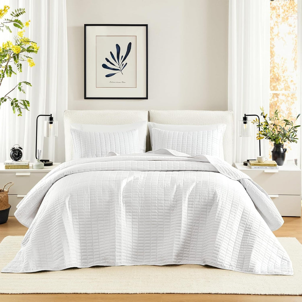 Comfort Spaces Kienna Quilt Set, cusături duble de lux, pătură de vară, ușoară, moale, lenjerie de pat pe tot parcursul anului, față de pernă asortată, albă, pătură pentru paturi King Size (264.2 X 228.6 Cm), Plapumi si pilote Naty Shop Alb Oversized King(120"X118")