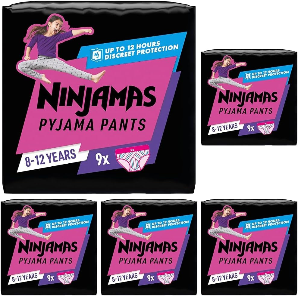 Pantaloni de pijama cu inimioare, 9 chiloți absorbanți de noapte, 8 ani, 27 kg-43 kg, protecție împotriva scurgerilor pentru întreaga noapte