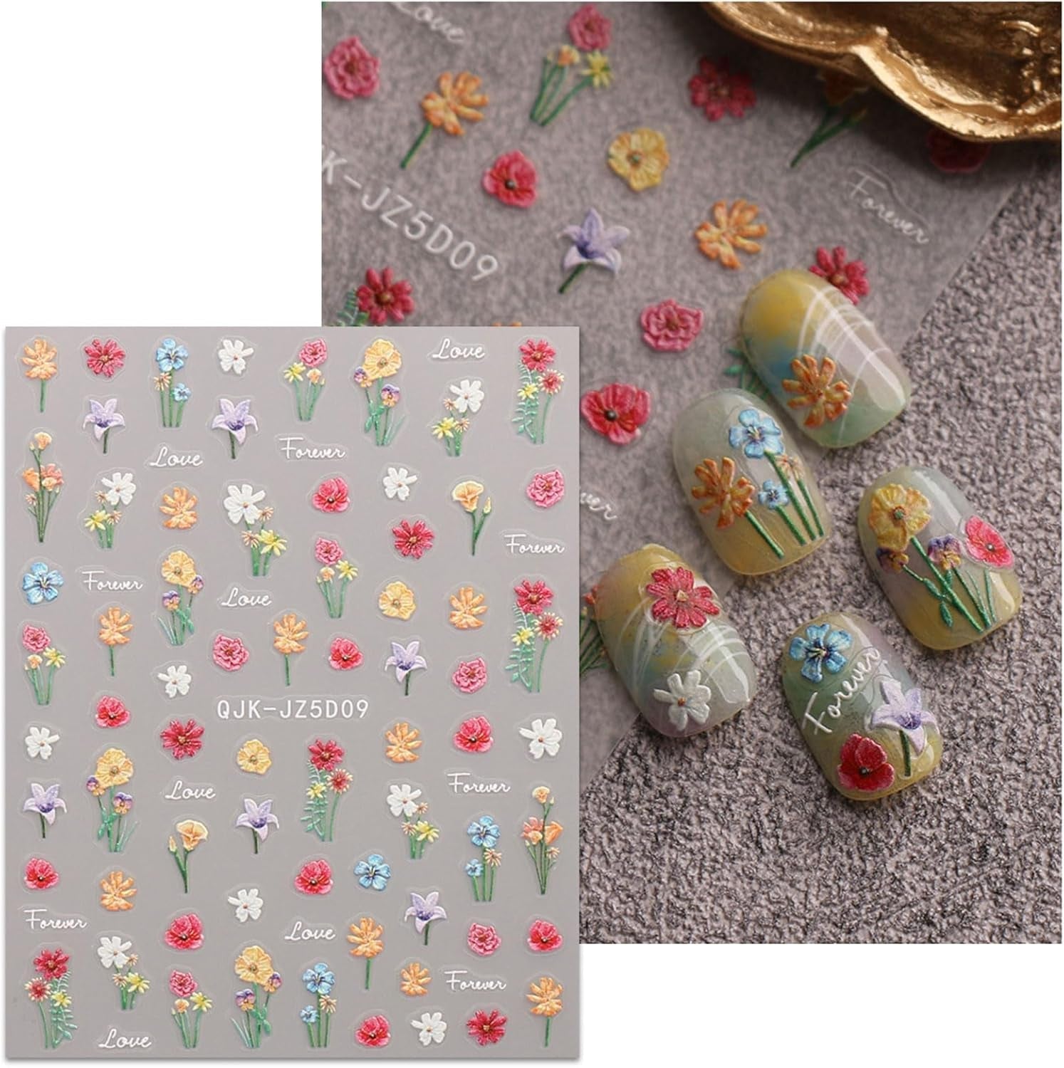 JMEOWIO 3D Nagelsticker Blumen Nail Art Sticker Selbstklebend Nagelaufkleber 5D Stereoskopisch Frühling Sommer Blumen Dekoration Nageldesign Zubehör 4 Blatt