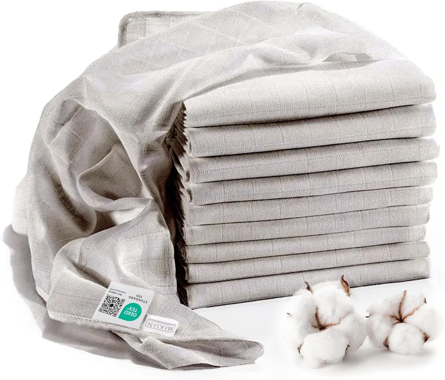 Pătrățele de muselină MAKIAN, pachet de 10, 80x80 cm, certificate Oeko-TEX® Standard 100, 10 cârpe de calitate premium pentru eructații - pătrățele din pânză dublu țesută/pătrățele de muselină, rezistente la fierbere - Alb