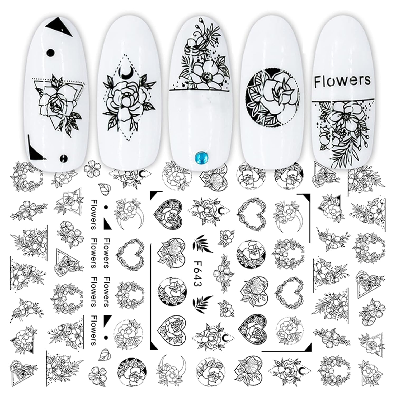 JMEOWIO Nagelsticker Geometrie 10 Blatt Nagelaufkleber Selbstklebend Schwarzes Herz Unregelmäßig Geformt Nail Art Sticker Dekoration Nageldesign Zubehör