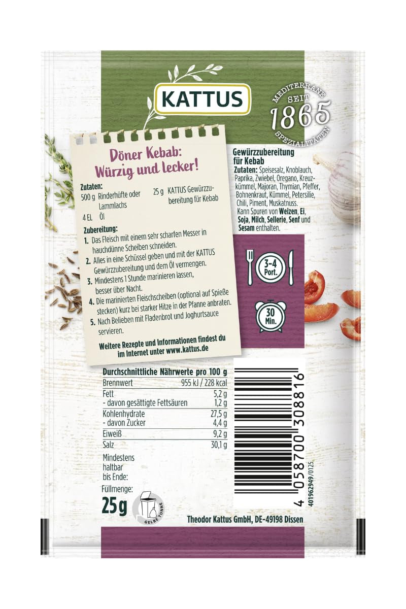 - Kebab Gewürzzubereitung | Gewürz für 3-4 Portionen | Ohne Zusatz von Hefeextrakt, Aroma und Zusatzstoffen | 25 g im Beutel