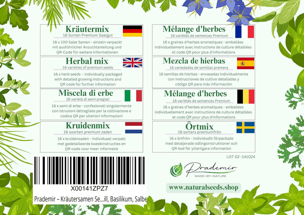 Prademir – Kräutersamen Set aus 16 beliebten Küchenkräutern – Kräuter Anzuchtset mit 100% Natursamen aus Portugal – Kräuter Saatgut aus Oregano, Thymian, Majoran, Rosmarin, Dill, Basilikum, Salbei uvm