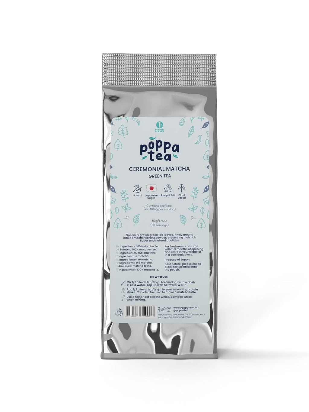 Poppatea Matcha Tea - Ceremonial - Frunze de ceai verde japonez (pungă de reumplere de 50 g, Matcha cu Chai)