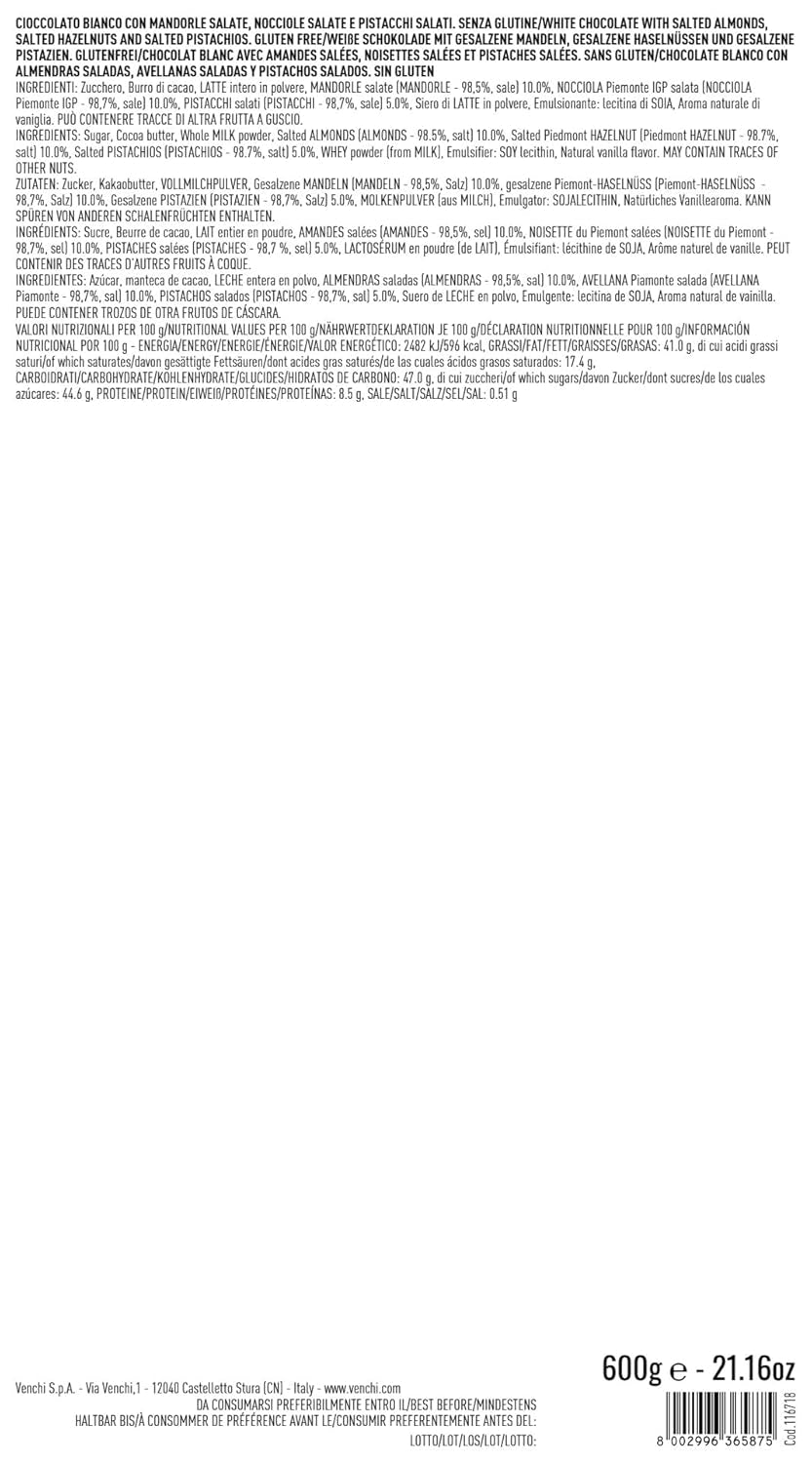 Venchi - Baton Maxi de Ciocolată Albă, Sărat, 600g, Fără gluten, Fără coloranți artificiali și fără conservanți