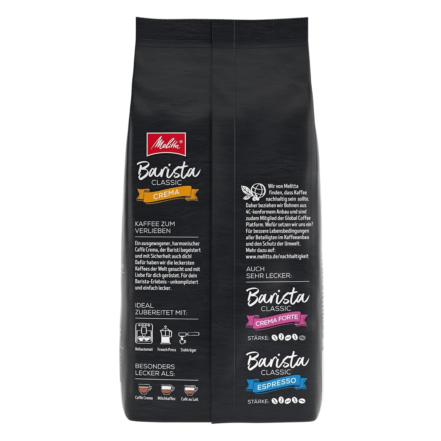Melitta BellaCrema Speciale Boabe de cafea integrale 1kg, nemăcinate & Barista Classic Crema, Boabe de cafea integrale 1kg, nemăcinate, Boabe de cafea pentru aparate de cafea automate, prăjire medie, tărie 3