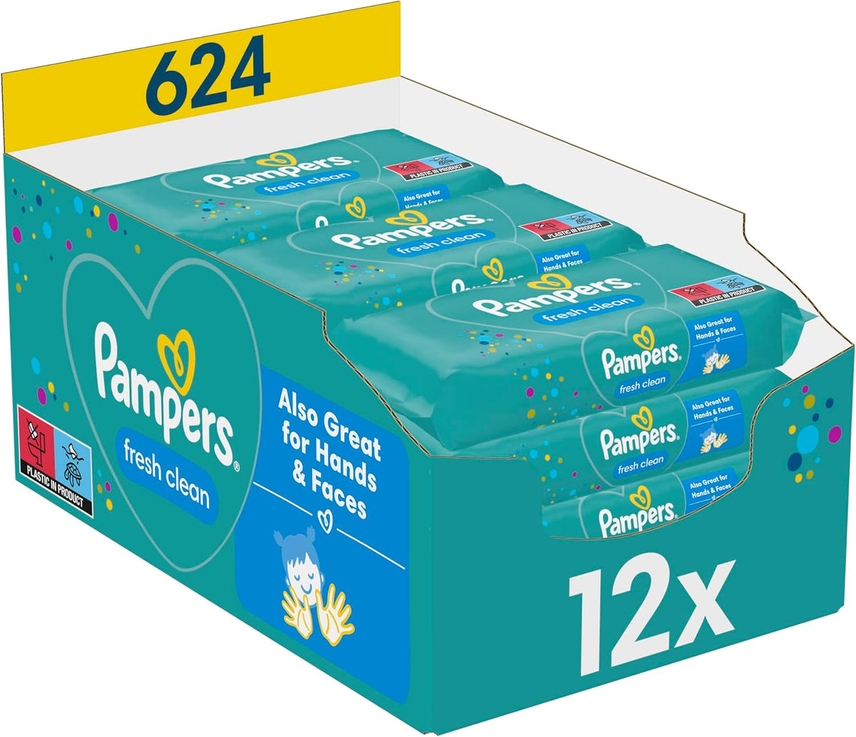 Șervețele umede Pampers Fresh Clean, 12 pachete a câte 52 de șervețele, 624 de șervețele în total, parfum ușor, potrivite și pentru mâini și față