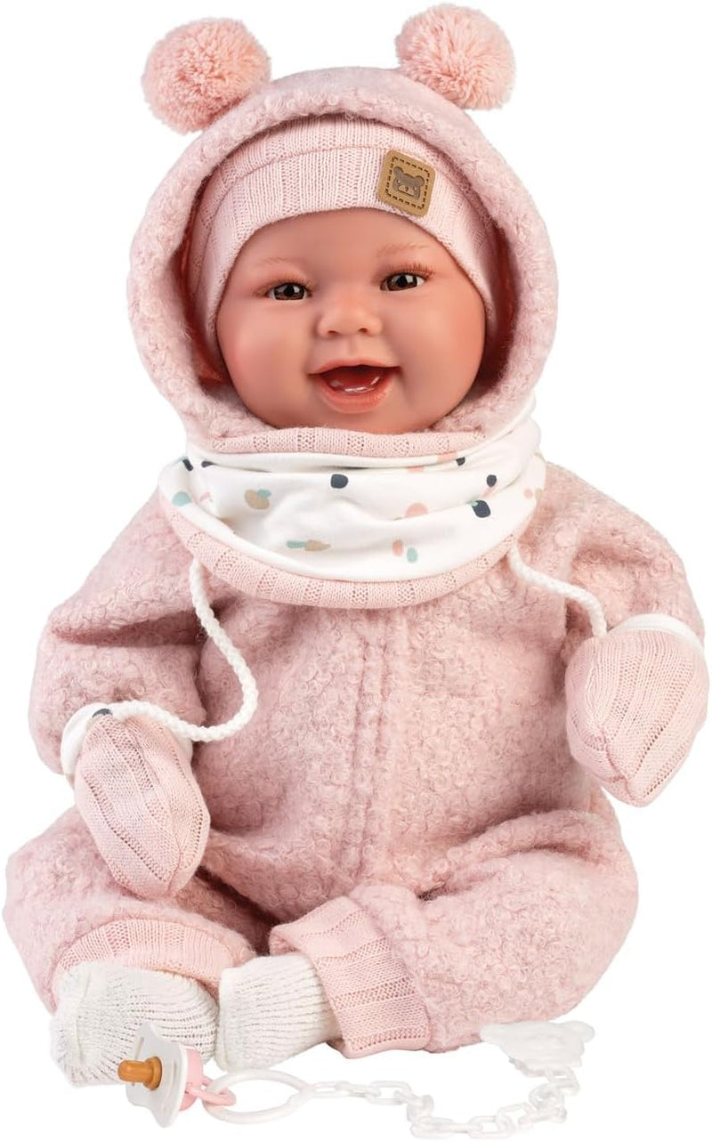 Llorens 1018480 Babypuppe Tala, mit braunen Augen und weichem Körper, Baby Puppe inkl. flauschigem rosa Winter-Outfit, Schnuller, Schnullerkette, 44 cm