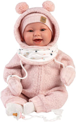 Llorens 1018480 Babypuppe Tala, mit braunen Augen und weichem Körper, Baby Puppe inkl. flauschigem rosa Winter-Outfit, Schnuller, Schnullerkette, 44 cm