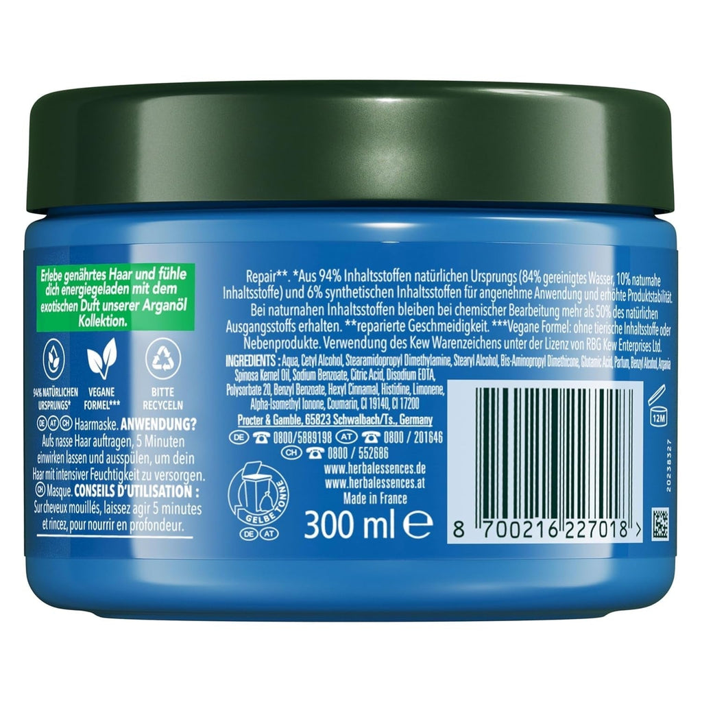 Herbal Essences Mască reparatoare pentru păr cu ulei de argan 300ml. De la păr deteriorat la păr mai neted și mai strălucitor. Îngrijire intensivă. Cu ingrediente de origine naturală. Vegan Masca de par Naty Shop