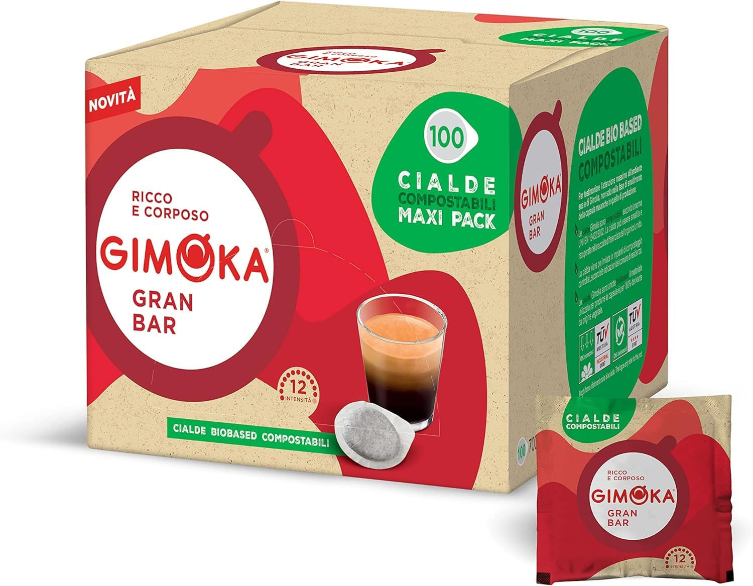 Gimoka Kompostierbare Kaffeepads, Gran Bar Intenso Kaffeemischung, Intensität 12-100 Pads - Kompatibel mit ESE System Papier Pads 44 mm