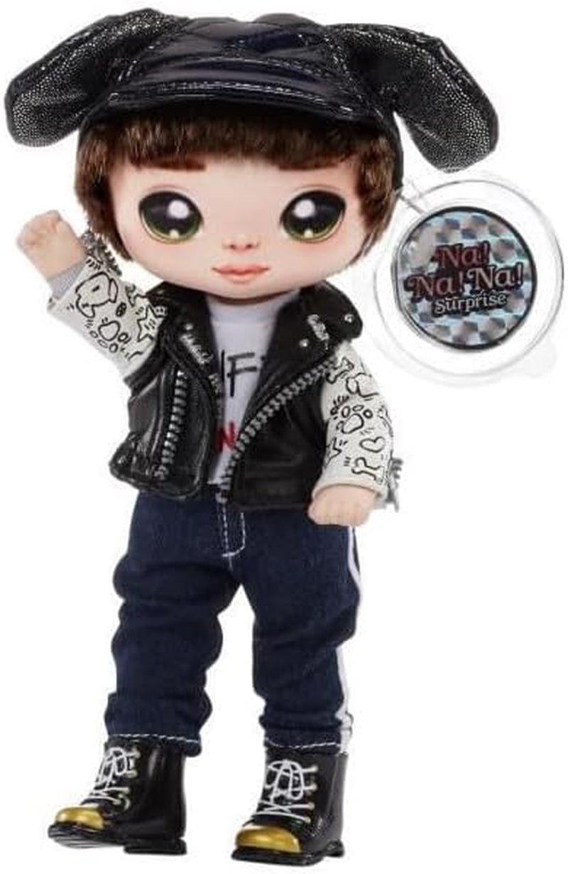 Na Na Na Surprise 2-in-1 Soft Modepuppe & Metallic Purse Glam Serie - Sammlerpuppe - Boy-Puppe mit Braunen Haaren und Mütze mit Hunde-Ohren und einer Welpen Tasche - Maxwell Dane