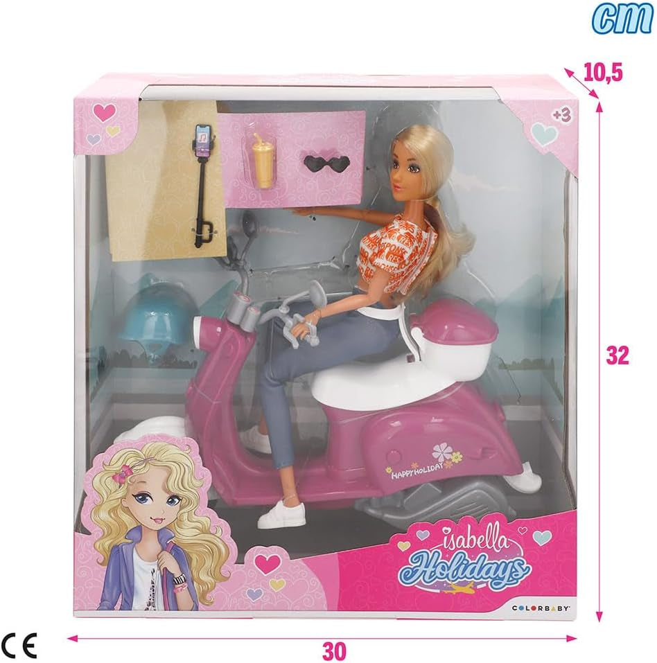 Isabella Gelenkpuppe mit Roller, 30 cm, Motorrad-Spielzeug, inklusive Zubehör, Sonnenbrille, Handy, Selfie-Halterung, Helm, Erfrischung, Puppen für Mädchen, Geschenke ab 3 Jahren (47812)
