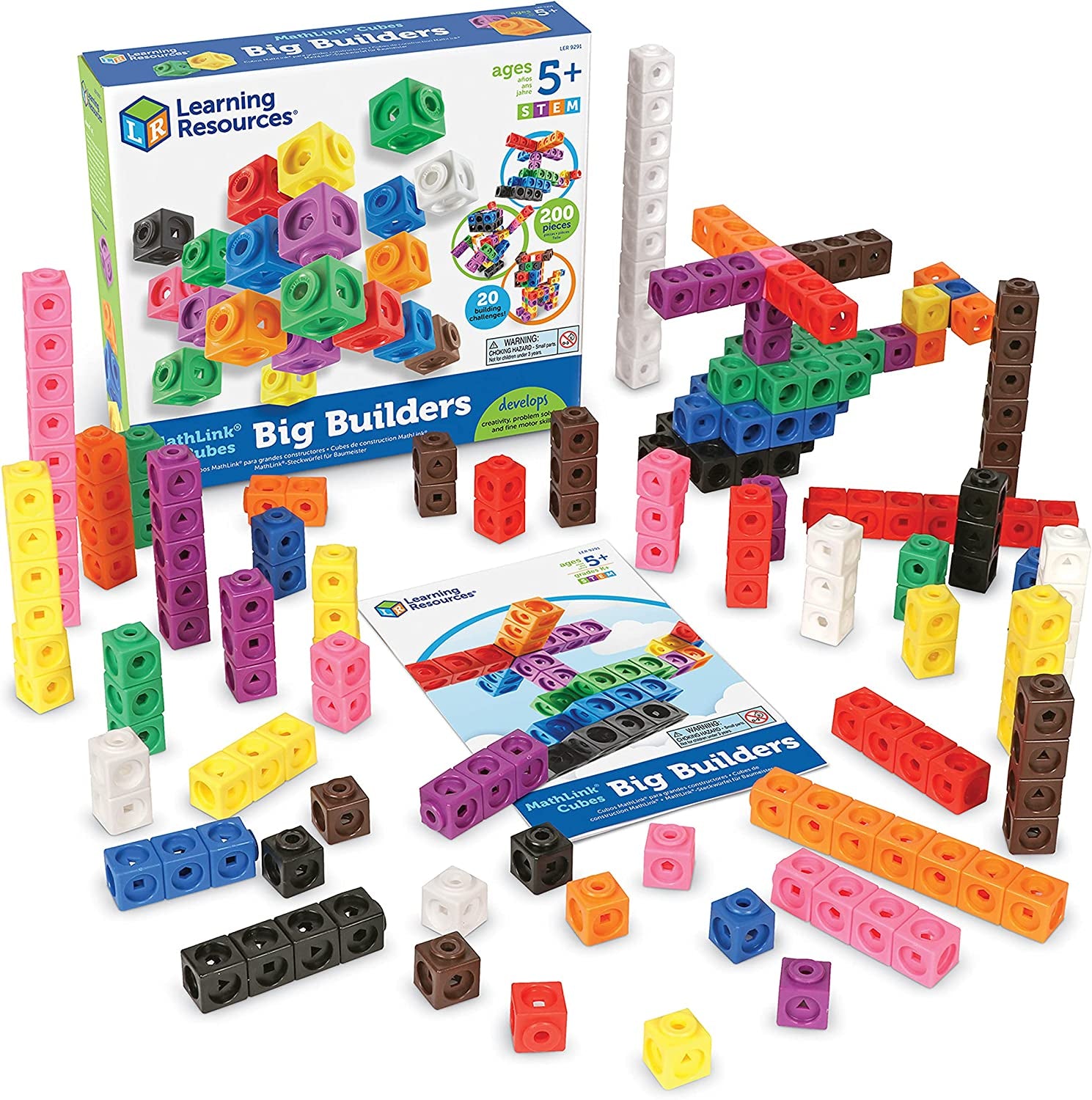 Learning Resources MathLink Steckwürfel Big Builders für Baumeister, ab 5 Jahren, Konstruktionsspielzeug für frühes Mint-Lernen, 200 Teile
