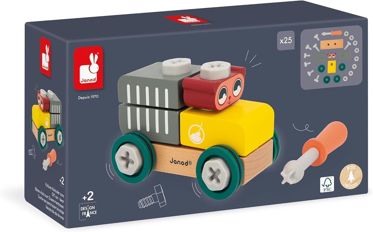 Janod - Mein erstes Konstruktionsspiel - Bären-Bastelauto - 25 Elemente - Rollenspiel - Fördert Geschicklichkeit & Kreativität - Ab 24 Monaten - J06458