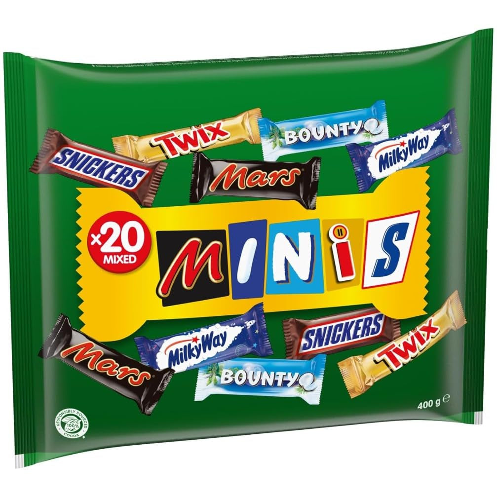 Pachet vrac cu mini ciocolată mixtă, 20 de mini gustări de ciocolată (Mars, Snickers, Bounty, Twix, Milky Way), ca bomboane, cadou de ciocolată, cutie de bomboane, 400g