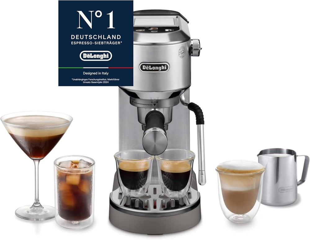 De'Longhi Dedica Style EC 685.B – Espressor cu portafiltru, espressor cu spumator de lapte profesional, doar 15 cm lățime, pentru cafea măcinată sau capsule ESE, rezervor de apă de 1 l, negru