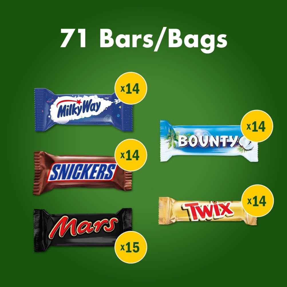 Pachet mixt de mini ciocolată, 71 de mini gustări de ciocolată (Mars, Snickers, Bounty, Twix, Milky Way) sub formă de dulciuri, ideale pentru o seară de fotbal american (1400g)