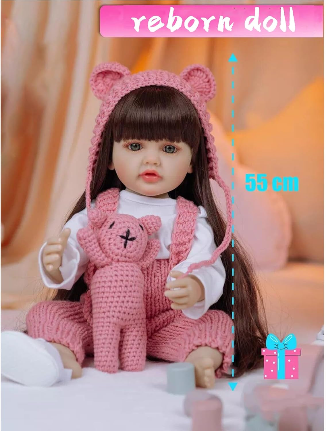 Păpuși Reborn Baby de 22 de inch, vinil din silicon pentru întregul corp, bebeluș realist, păpușă lucrată manual, păpuși Reborn Baby nou-născut cu haine tricotate