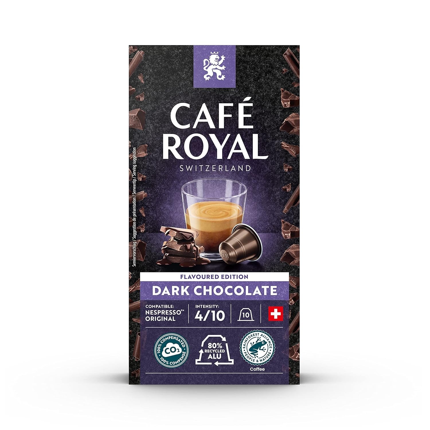 Café Royal Dark Chocolate Flavoured 100 Kapseln für Nespresso Kaffee Maschine - 4/10 Intensität - UTZ-zertifiziert, aus Aluminium & Lungo 36 Kapseln für Nespresso Kaffee Maschine - 4/10 Intensität