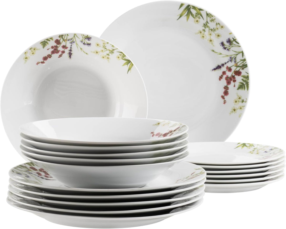 Mäser Herbal Garden, set de veselă pentru 4 persoane, format din 18 piese, cu design floral detaliat, inclusiv farfurii de cină, farfurii de supă și farfurii de desert, porțelan, alb