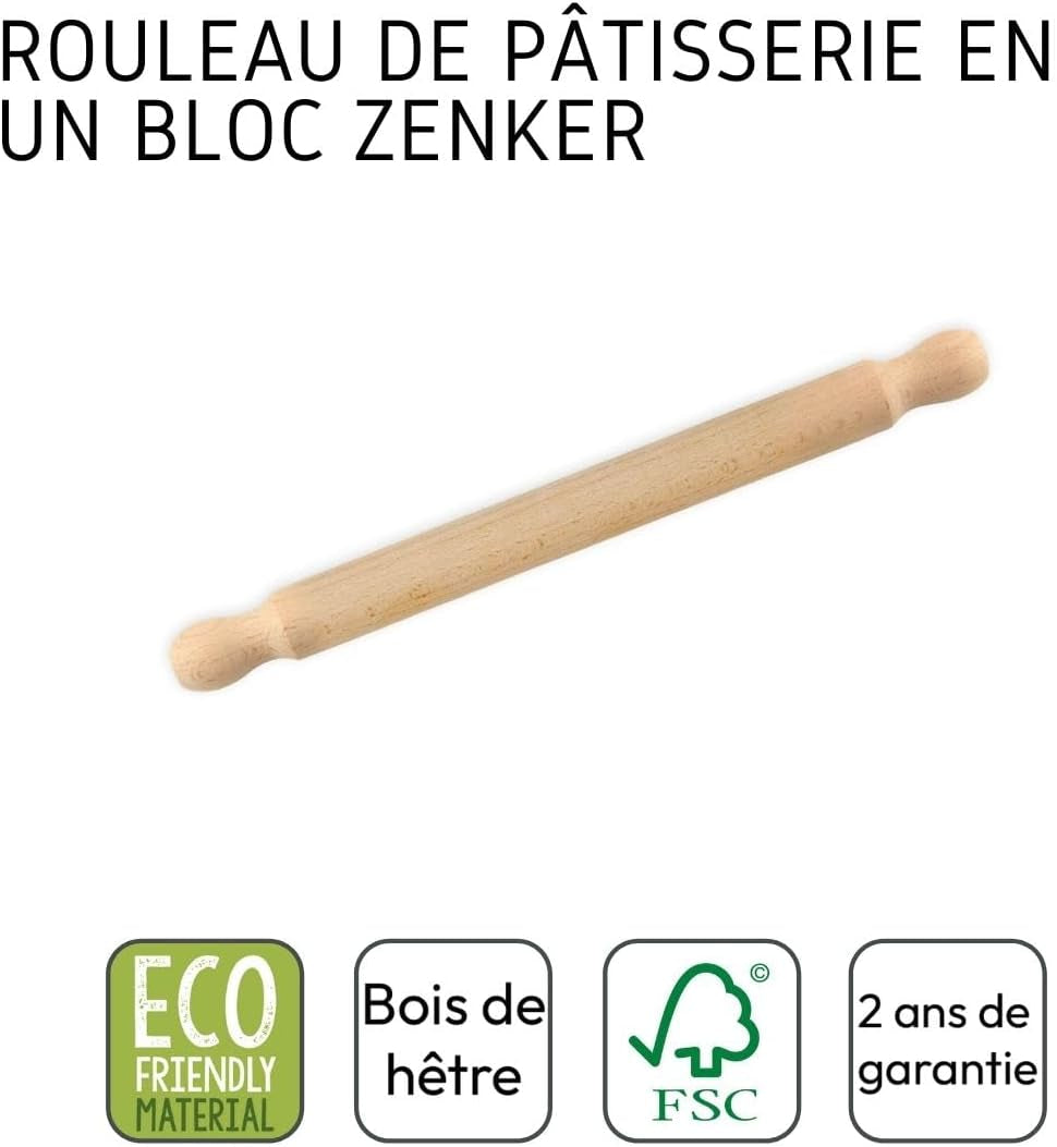 Sucitor Zenker din lemn de fag, 350 x 30 x 30 mm – Perfect pentru aluat și fondant, certificat FSC, cu guler practic, maro