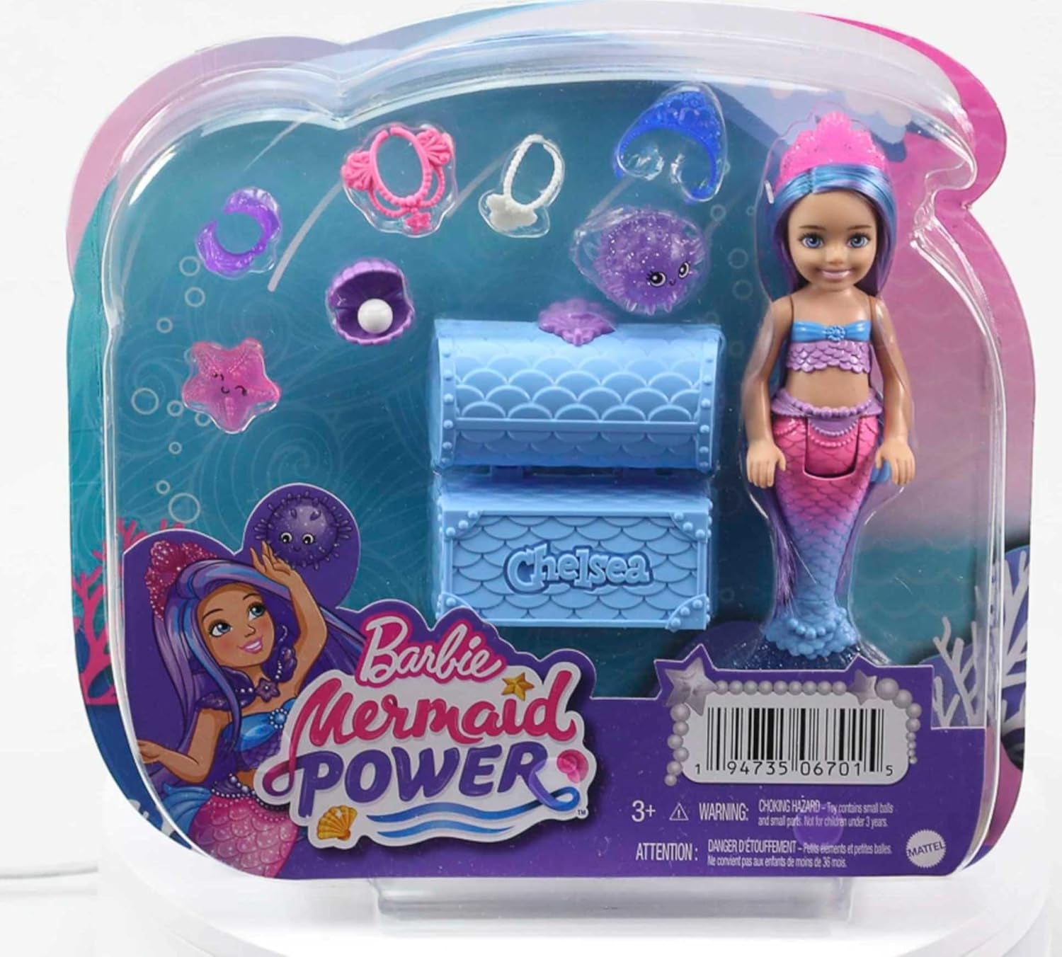 Barbie Mermaid Power, păpușă Chelsea, păpușă sirenă, Chelsea cu păr albastru și violet, coroană, coadă de sirenă, accesoriu, cadou pentru copii de la 3 ani, Hhg57 Papusi Naty Shop