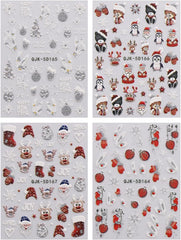JMEOWIO 3D Nagelsticker Weihnachten Glitzer Nail Art Sticker Selbstklebend Nagelaufkleber 5D Stereoskopisch Schneeflocke Winterurlaub Süß Dekoration Nageldesign Zubehör 4 Blatt