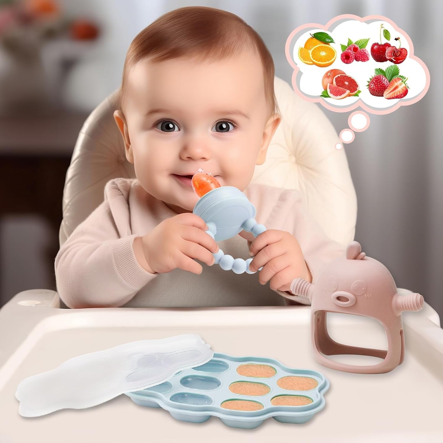 Hrănitor cu lapte matern pentru bebeluși, alimentator cu fructe, conține 2 hrănitoare cu fructe din silicon, depozitare a hranei pentru bebeluși, jucărie pentru bebeluși care erupe dentiția, 5 tetine din silicon în 3 dimensiuni, fără BPA (albastru și roz)