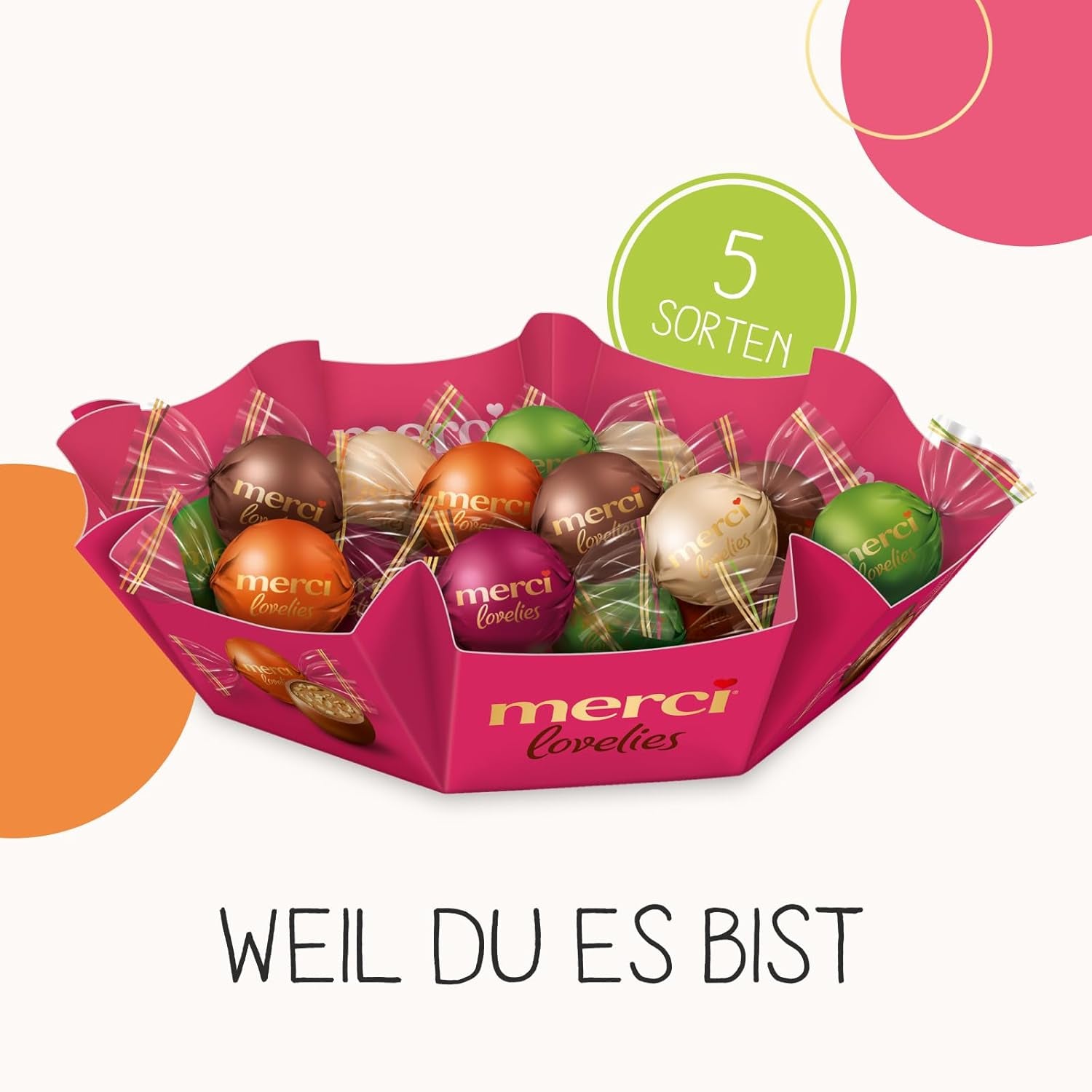 merci lovelies Classic – 1 x 185 g – Cutie de praline cu 5 specialități de ciocolată umplute – Bile de ciocolată pentru a fi împărțite și oferite cadou