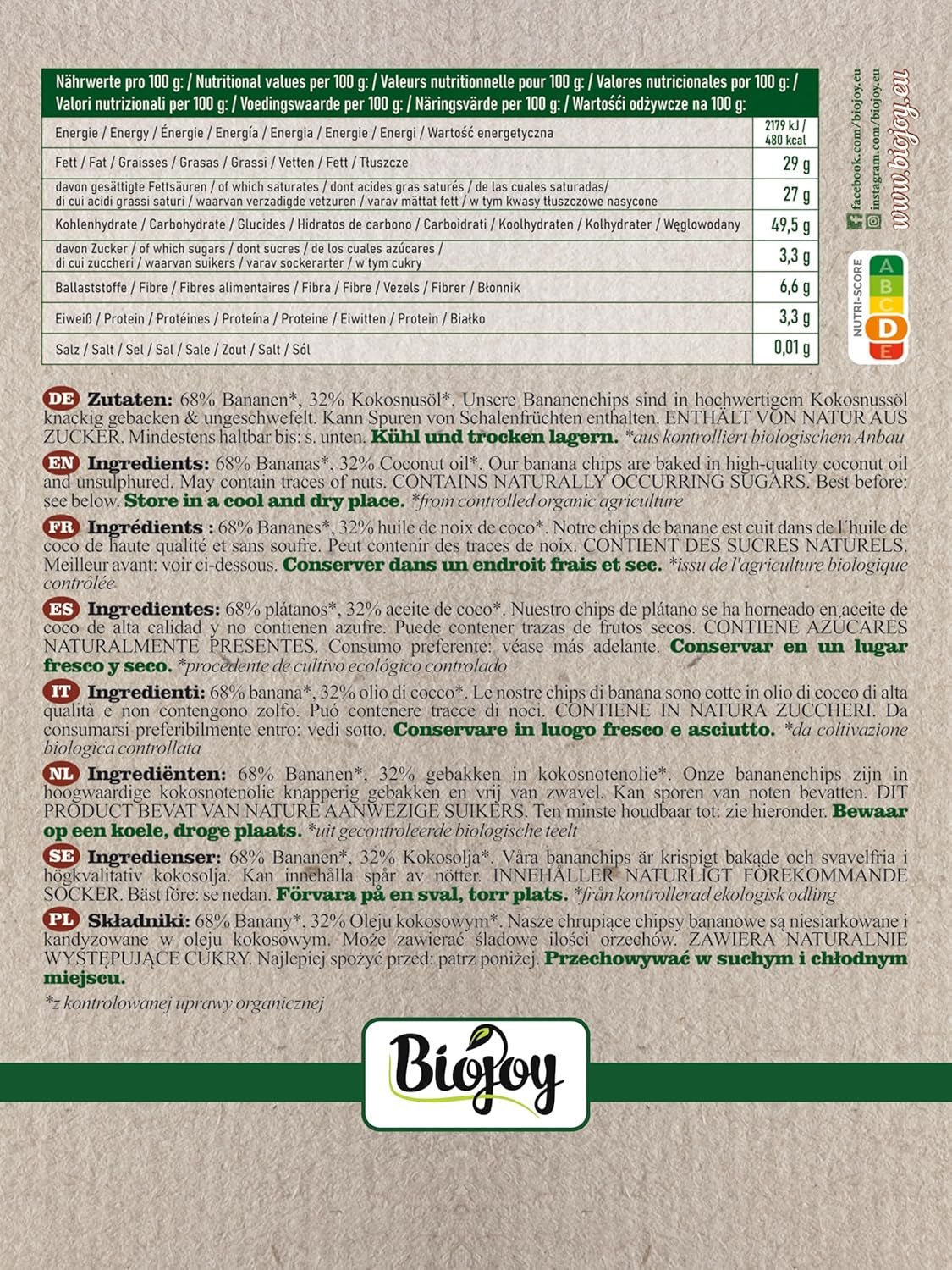 Biojoy chipsuri de banane ecologice (500 g), uscate și nesulfurate Produse deshidratate Naty Shop