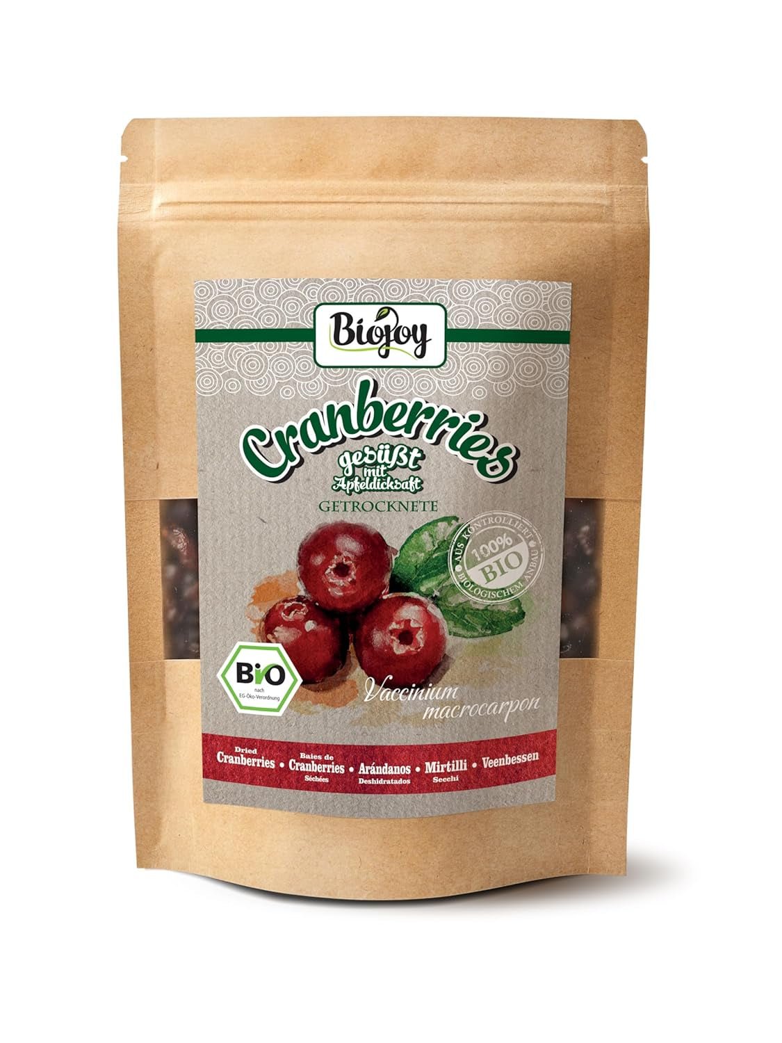 Biojoy merișoare organice uscate (1 kg), merișoare îndulcite cu sirop de mere Produse deshidratate Naty Shop 250 G