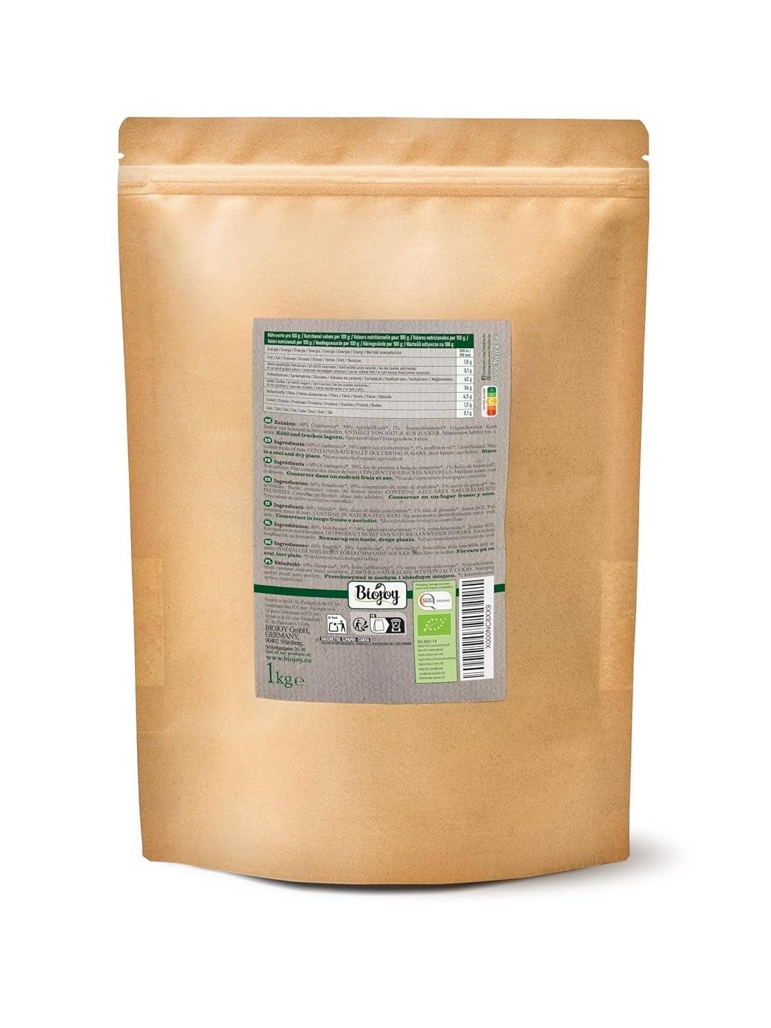 Biojoy merișoare organice uscate (1 kg), merișoare îndulcite cu sirop de mere Produse deshidratate Naty Shop