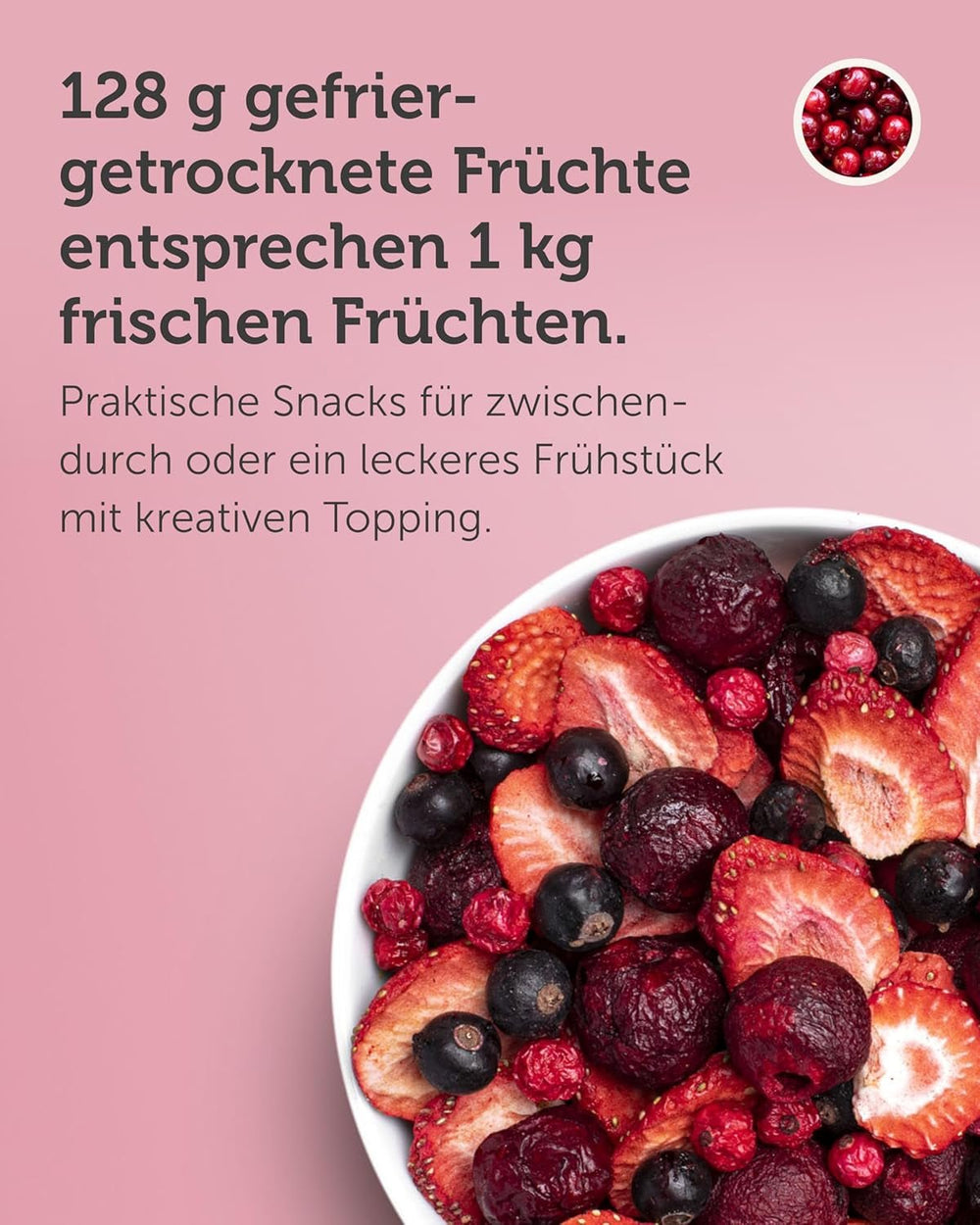 BUAH® Mix de fructe liofilizate | vișine, căpșuni, coacăze roșii și negre liofilizate fără zahăr adăugat | 100% fructe | vegan, fără gluten, fără lactoză (128g) Produse deshidratate Naty Shop