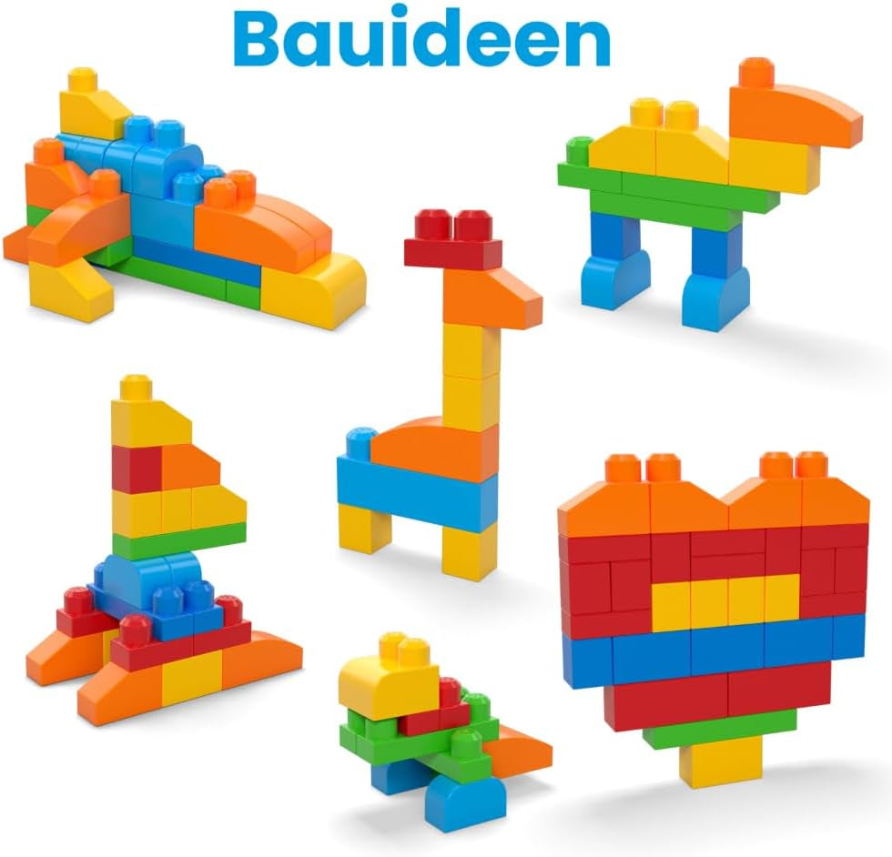 MEGA BLOKS First Builders Bausteine-Spielzeugset für Kleinkinder, Deluxe Bausteinebeutel mit 150 Teilen und Aufbewahrungsmöglichkeit, kreatives, offenes Spielen, blau, ab 1 Jahr, CNM43