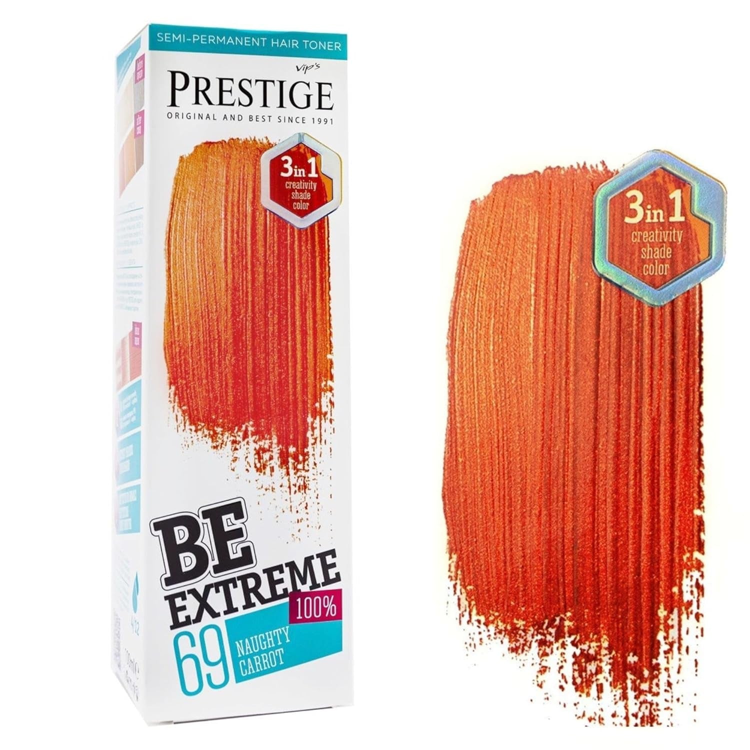 Vip's Prestige Be Extreme | Tonic semipermanent pentru păr 50 Wild Green | Pigment pur | Adaugă culoare părului vopsit sau cărunt | Rezultat temporar | Fără amoniac, fără parabeni, fără PPD Vopsea pentru par Naty Shop 69 Morcov obraznic