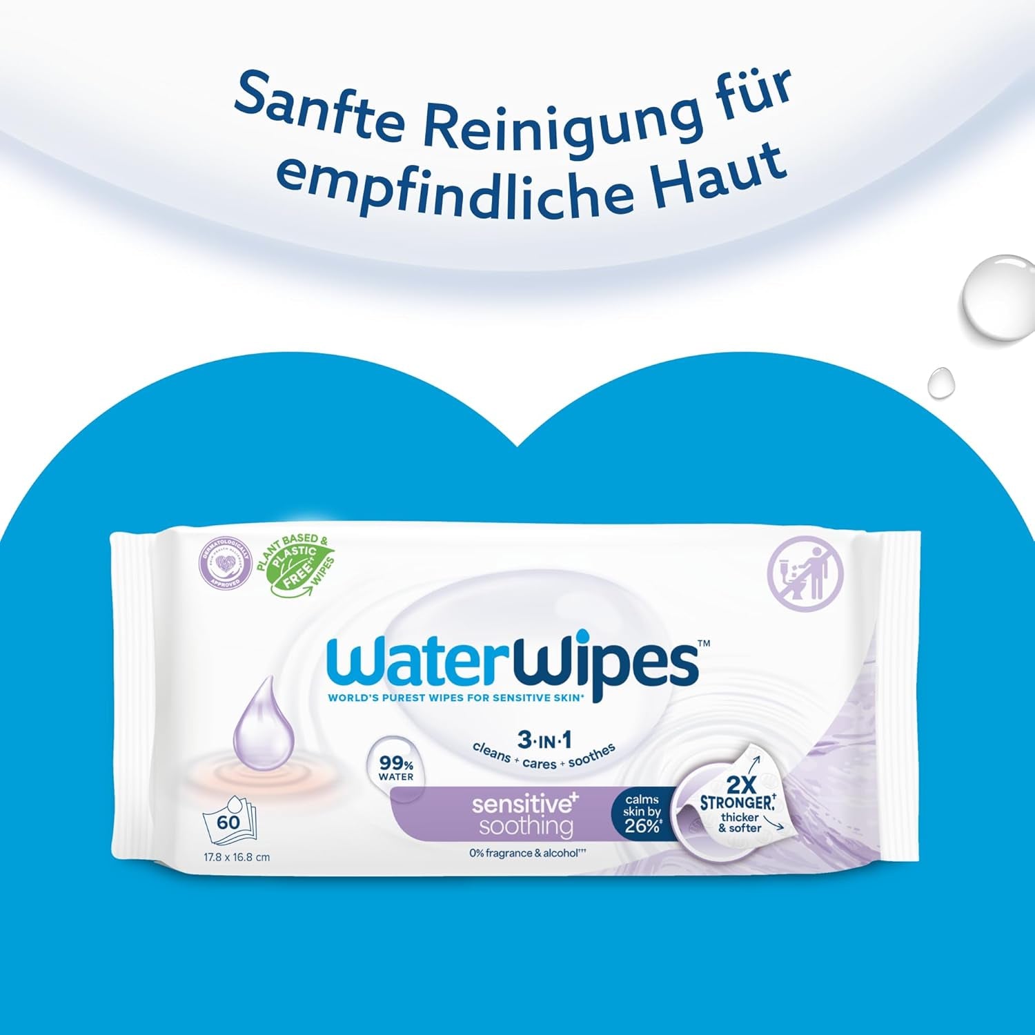 Șervețele umede WaterWipes Sensitive+ Soothing Clean, 360 bucăți (6 pachete), curățare, îngrijire și calmare 3 în 1, 99% apă cu extract de plante, șervețele umede pentru bebeluși fără parfum