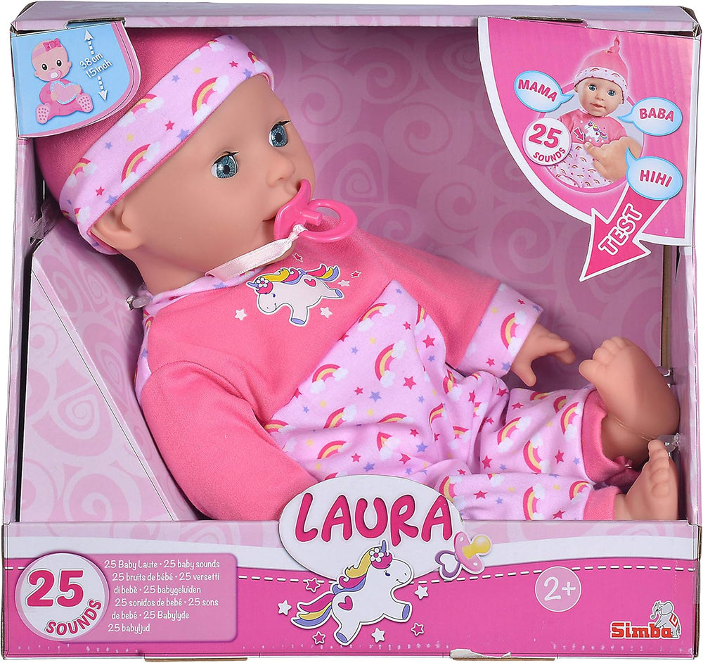 Simba 105140060 - Laura Kitzel Baby, Weichkörperpuppe mit Regenbogenstrampler, macht 25 Babylaute, 38cm, Babypuppe ab 2 Jahre