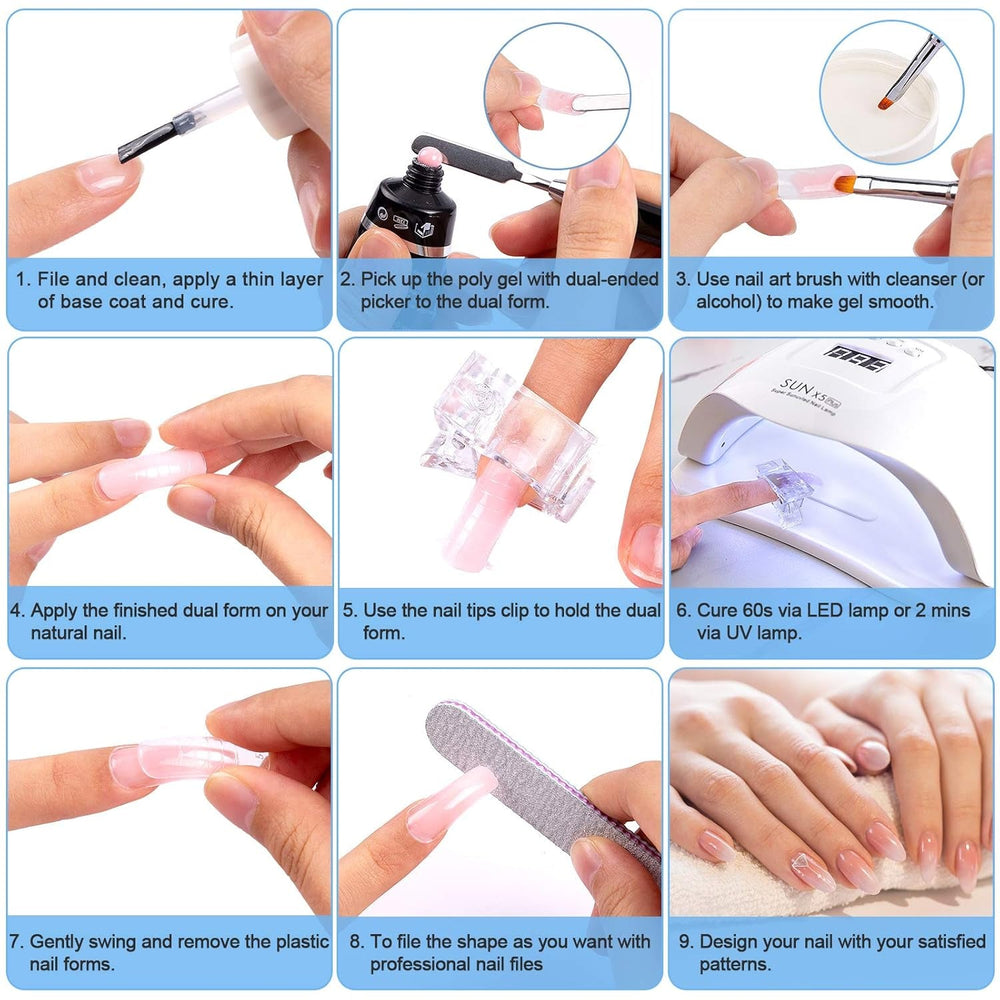 Set de 120 de forme pentru unghii, extensii de unghii, forme cu gel pentru unghii, set de forme pentru unghii cu perie cu două capete și pilă pentru unghii cu cleme, pentru unghii cu gel