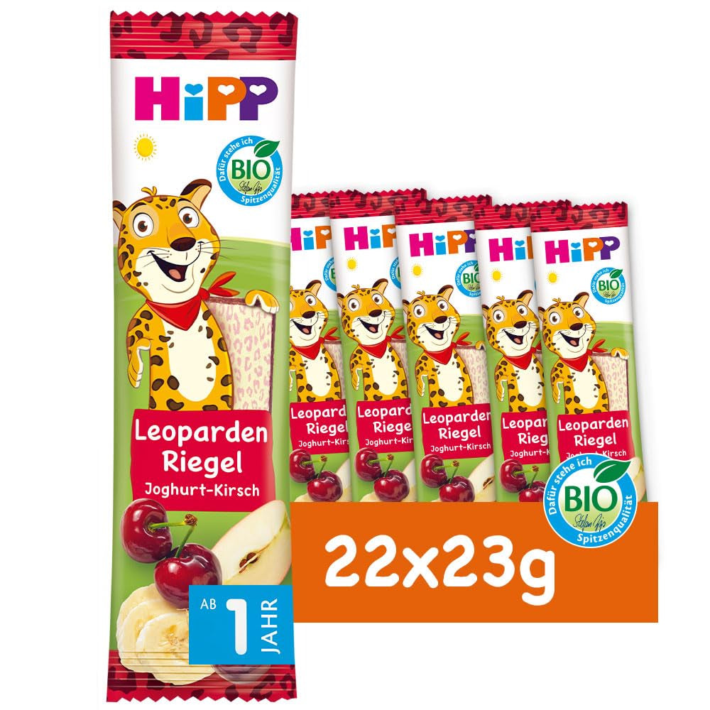 Batoane HiPP Leopard cu iaurt și cireșe în banană (22 x 23g), de la 1 an, îndulcite doar cu fructe, de cea mai bună calitate organică