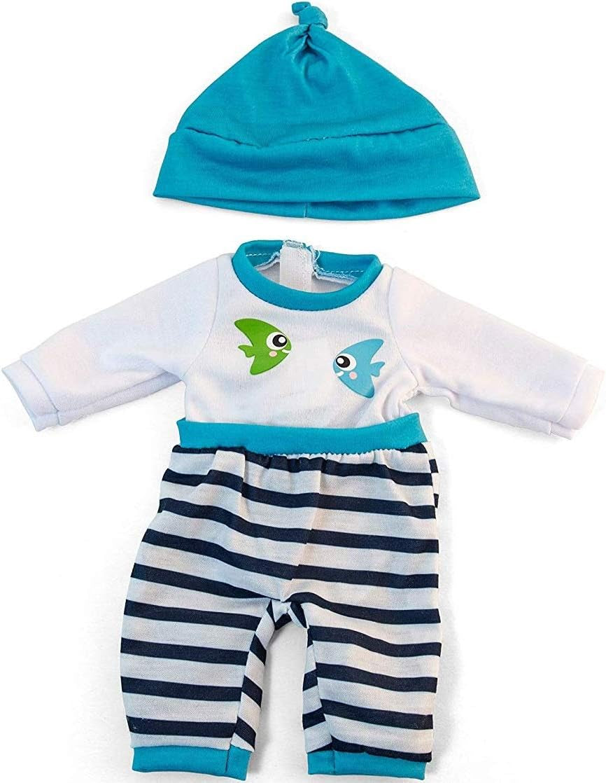 Miniland Set Puppenkleidung 32cm, geringeltes T-Shirt mit Latzhose und Mütze, Übergangszeit