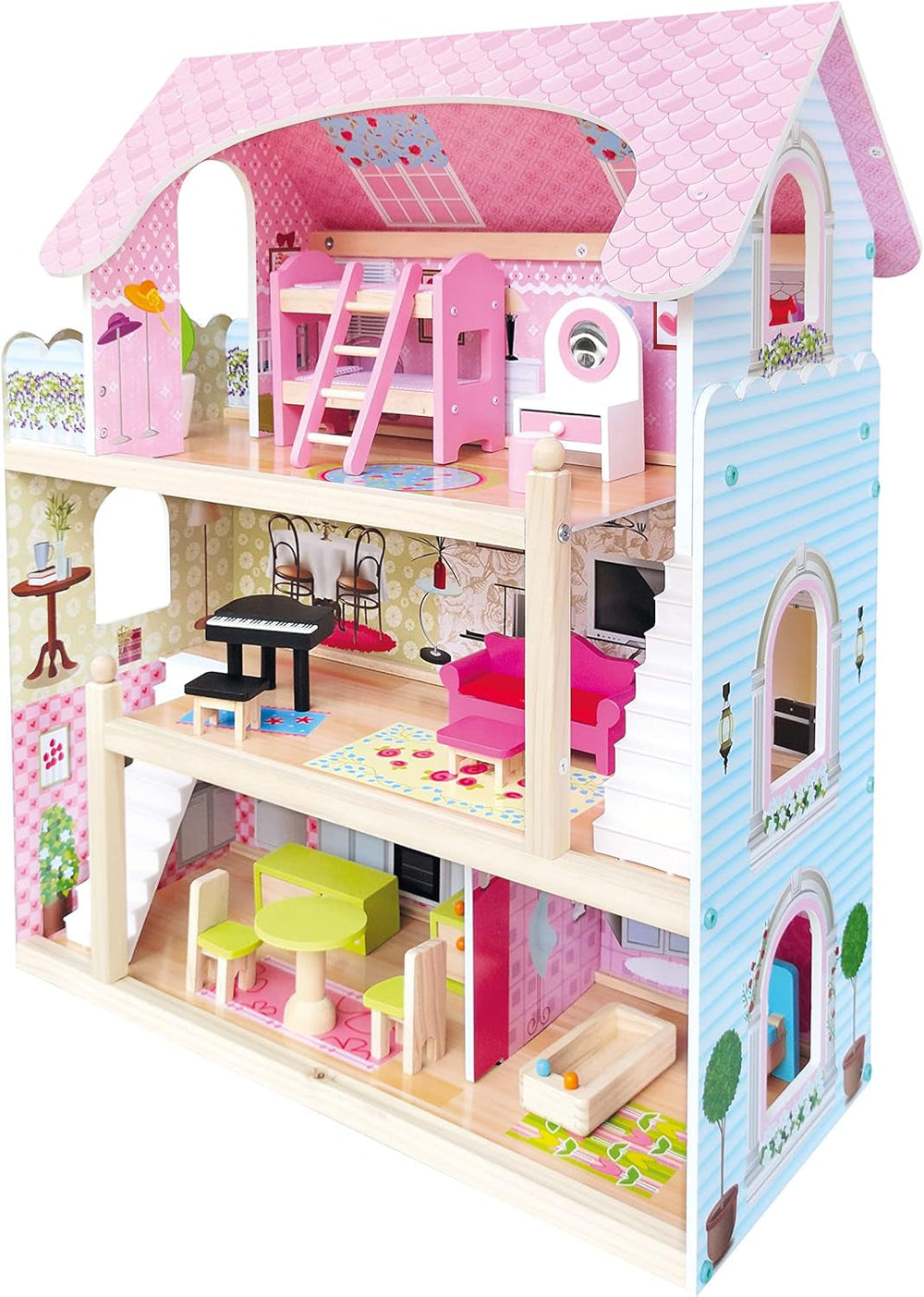 Bino World of Toys Casă de păpuși cu balcon, Jucărie pentru copii mici de la 3 ani, cu 3 etaje, scări, 4 camere și balcon incl. 15-TLG. Accesorii, Pentru a promova abilitățile copiilor, Design roz Casute de papusi Naty Shop