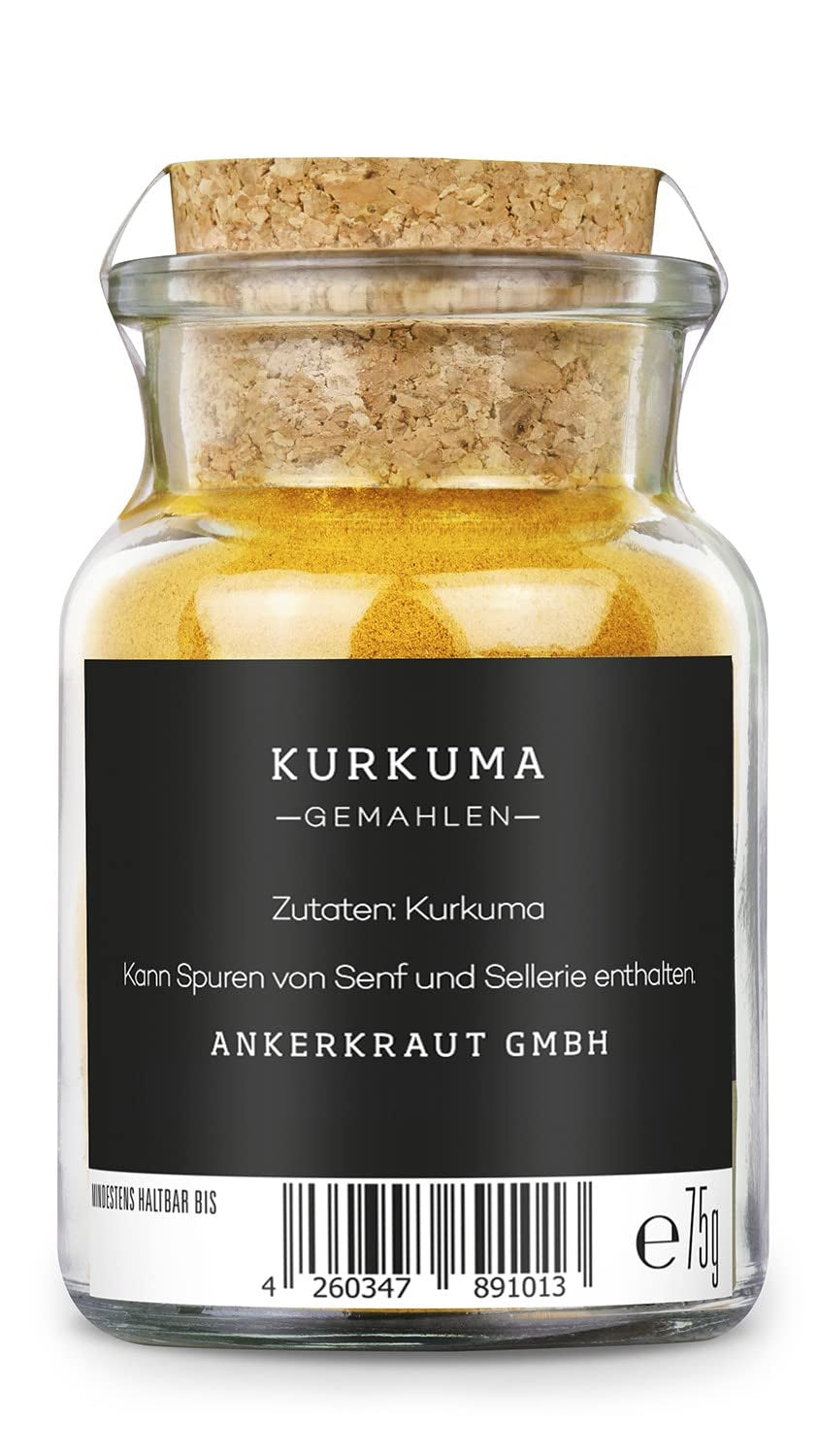 Ankerkraut Kurkuma, gemahlen, Kurkuma Gewürz Pulver, 75g im Korkenglas