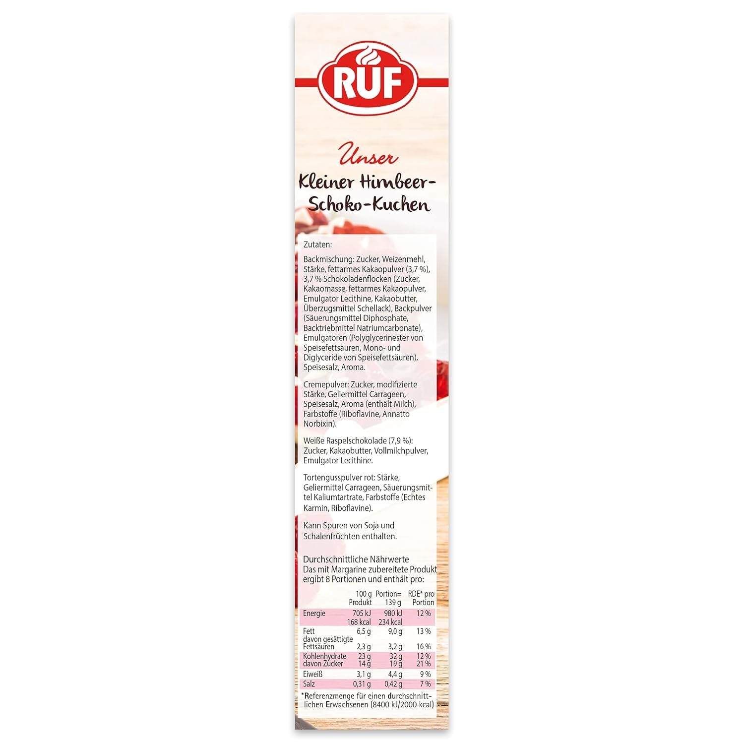 RUF Kleiner Himbeer-Schokokuchen, Mini-Kuchen Mit Feiner Puddingcreme, Himbeeren Und Weißen Schokoraspeln, Inkl. Backform, 1X252G Amestec pentru copt si gatit Naty Shop